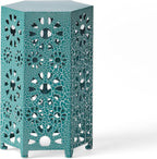 Eliana 12" Hexagonal Metal Side Table, Teal Crackle Finish Boho Accent Table with Cutout Floral Design, Sturdy Iron End Table for Living Room Bedroom Patio Decor