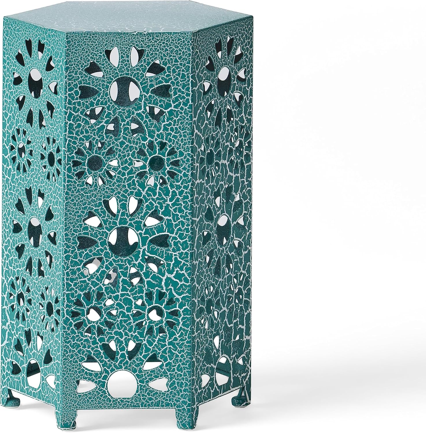 Eliana 12" Hexagonal Metal Side Table, Teal Crackle Finish Boho Accent Table with Cutout Floral Design, Sturdy Iron End Table for Living Room Bedroom Patio Decor