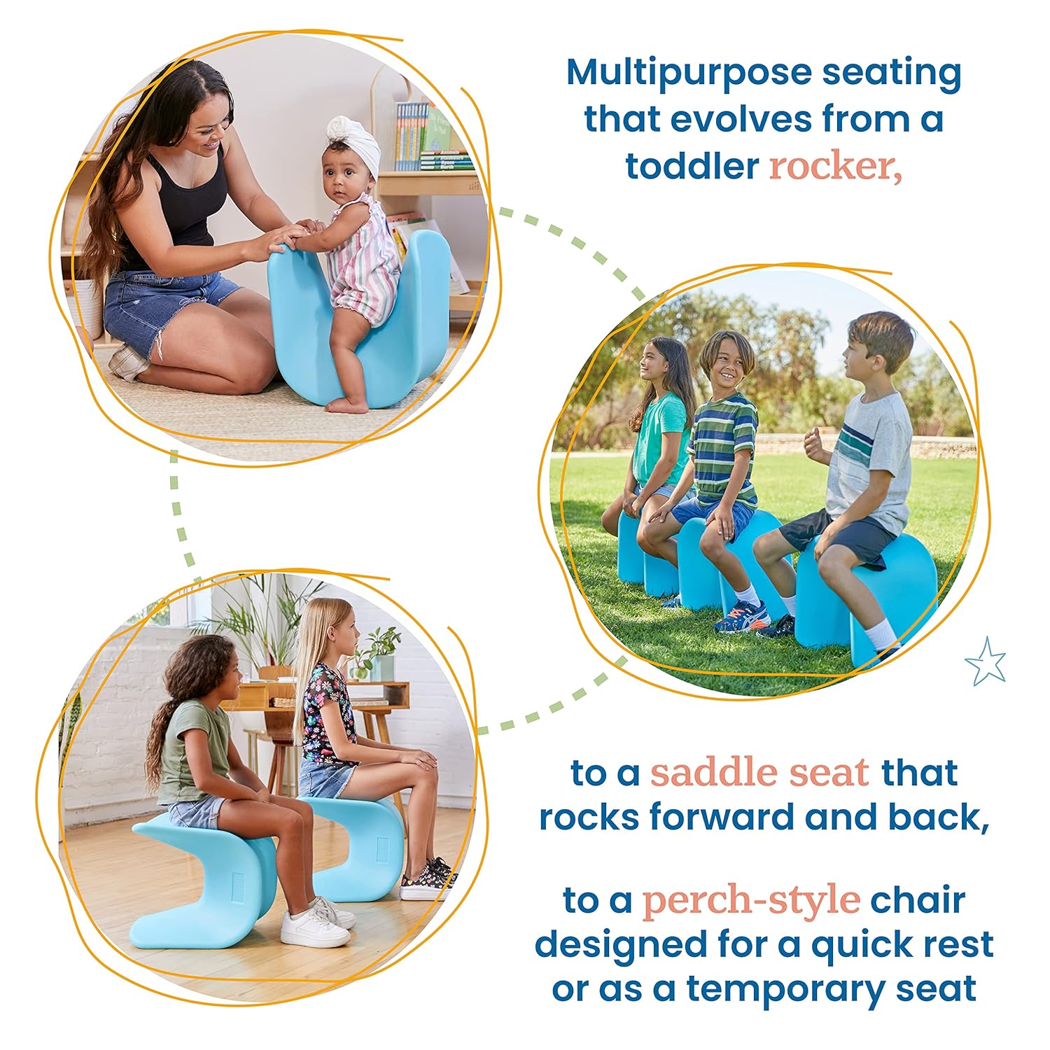 ECR4Kids Wave Seat Perch Stool, 14in - 15.1in Seat Height, Flexible Seating, Blue, 2-Pack