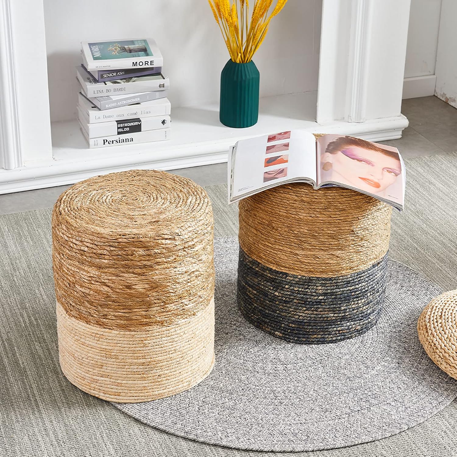 Pouf Ottoman, 100% Handwoven Seagrass Braided Pouffe, Boho Decor Floor Chair for Couch or Desk, Outdoor Ottomans for Garden, Round Footrest with Wood Frame, Home Decorative Seat for Balcony
