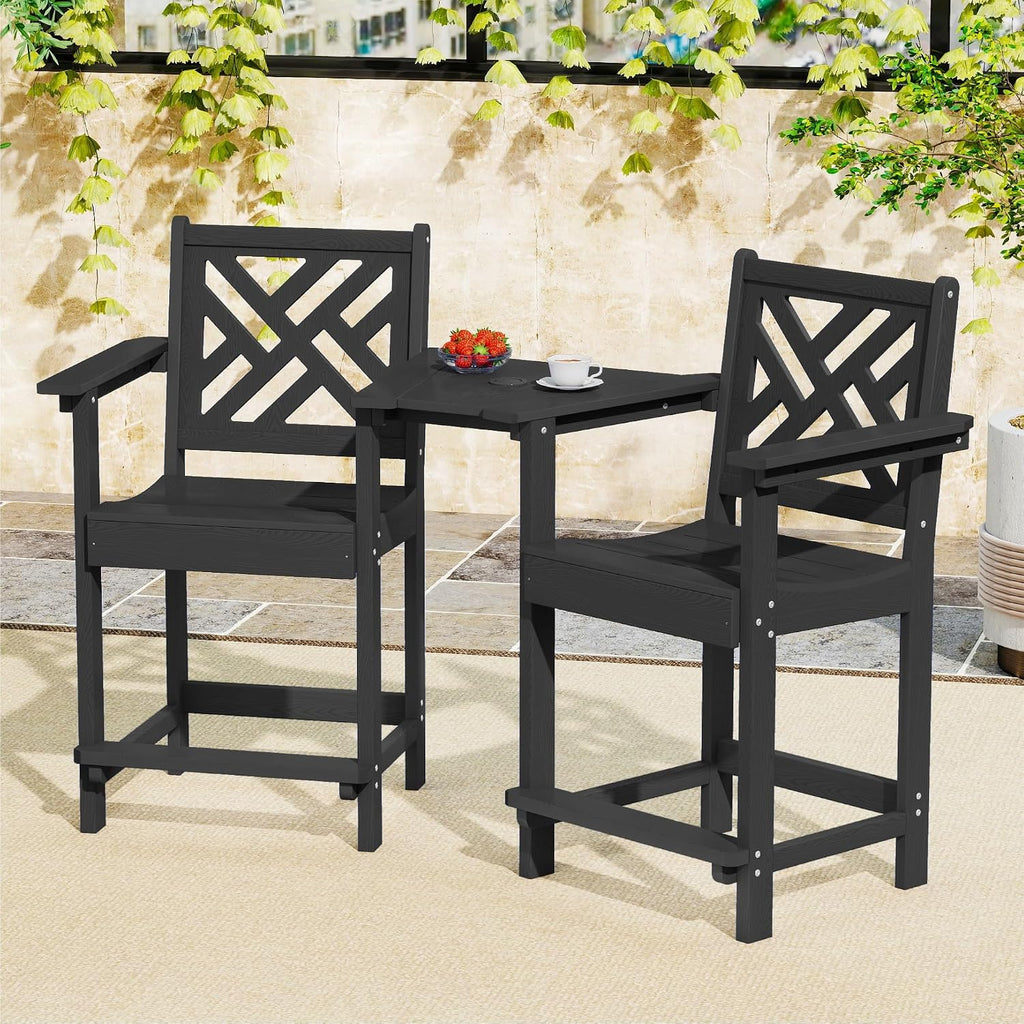 HDPE Outdoor Adirondack Bar Chairs Set of 2,Tall Adirondack Chairs with Umbrella Table,bar stools with Back for Patio Backyard Swimming Pool Durable Weather Resistant Design Black