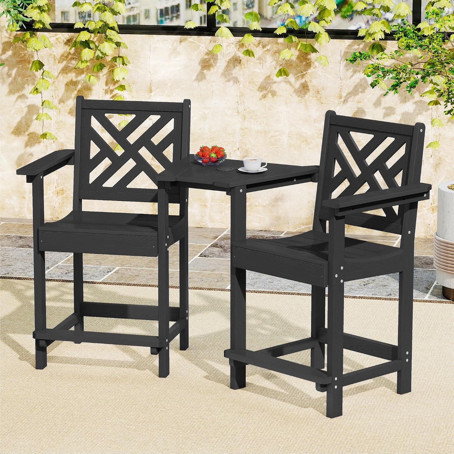 HDPE Outdoor Adirondack Bar Chairs Set of 2,Tall Adirondack Chairs with Umbrella Table,bar stools with Back for Patio Backyard Swimming Pool Durable Weather Resistant Design Black