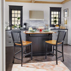 Home Styles Large Kitchen Island Set with Two Matching Stationary Slat back Stools with Antique Black finish and Distressed Oak Top, Extendable Breakfast Bar, Open Storage and Shelves and Drawers