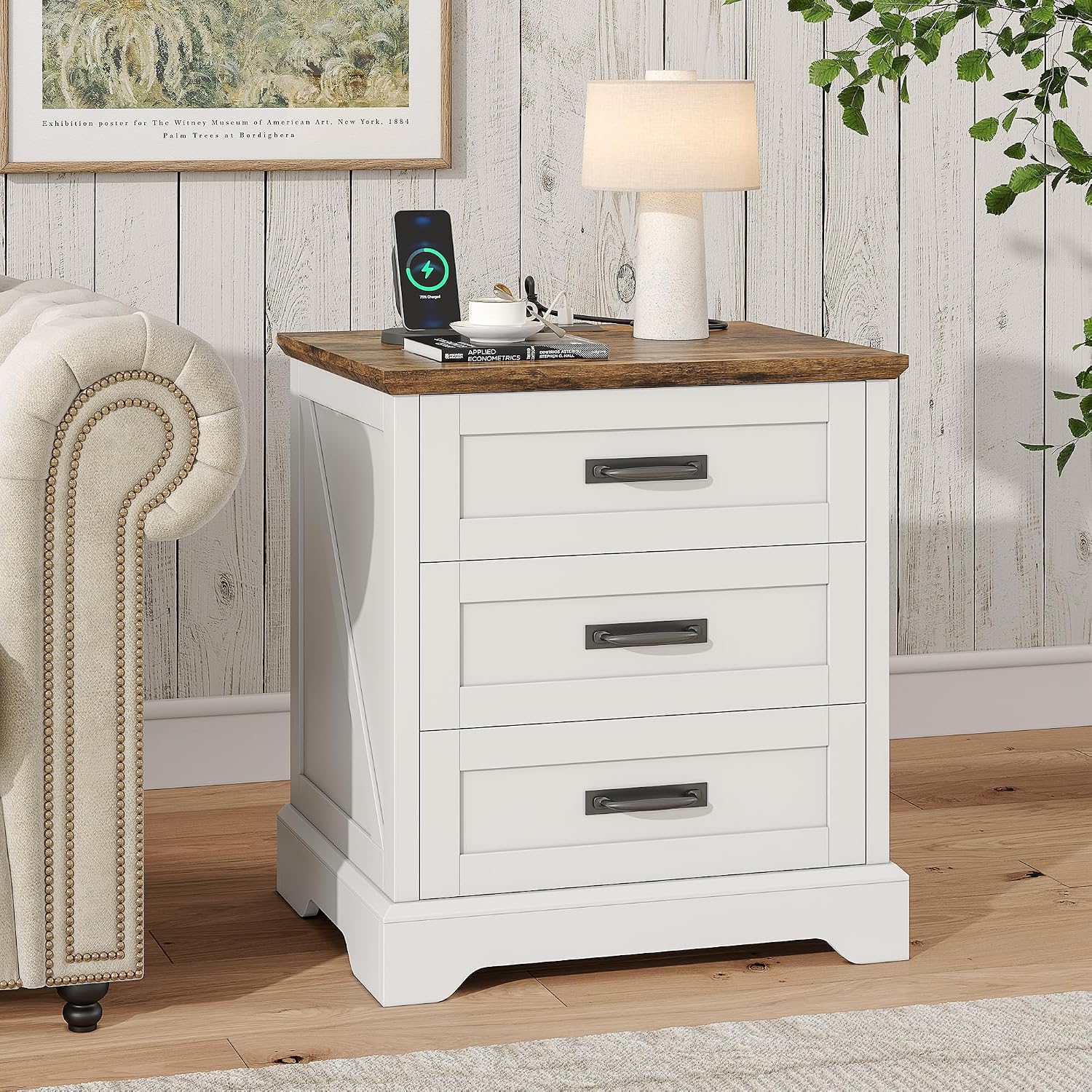 Whalefall 3 Drawers Farmhouse Nightstand with Charging Station, White | 22'' Wide Bedside Table for Bedroom, Large End Table with Storage for Living Room, Wooden Pedestal