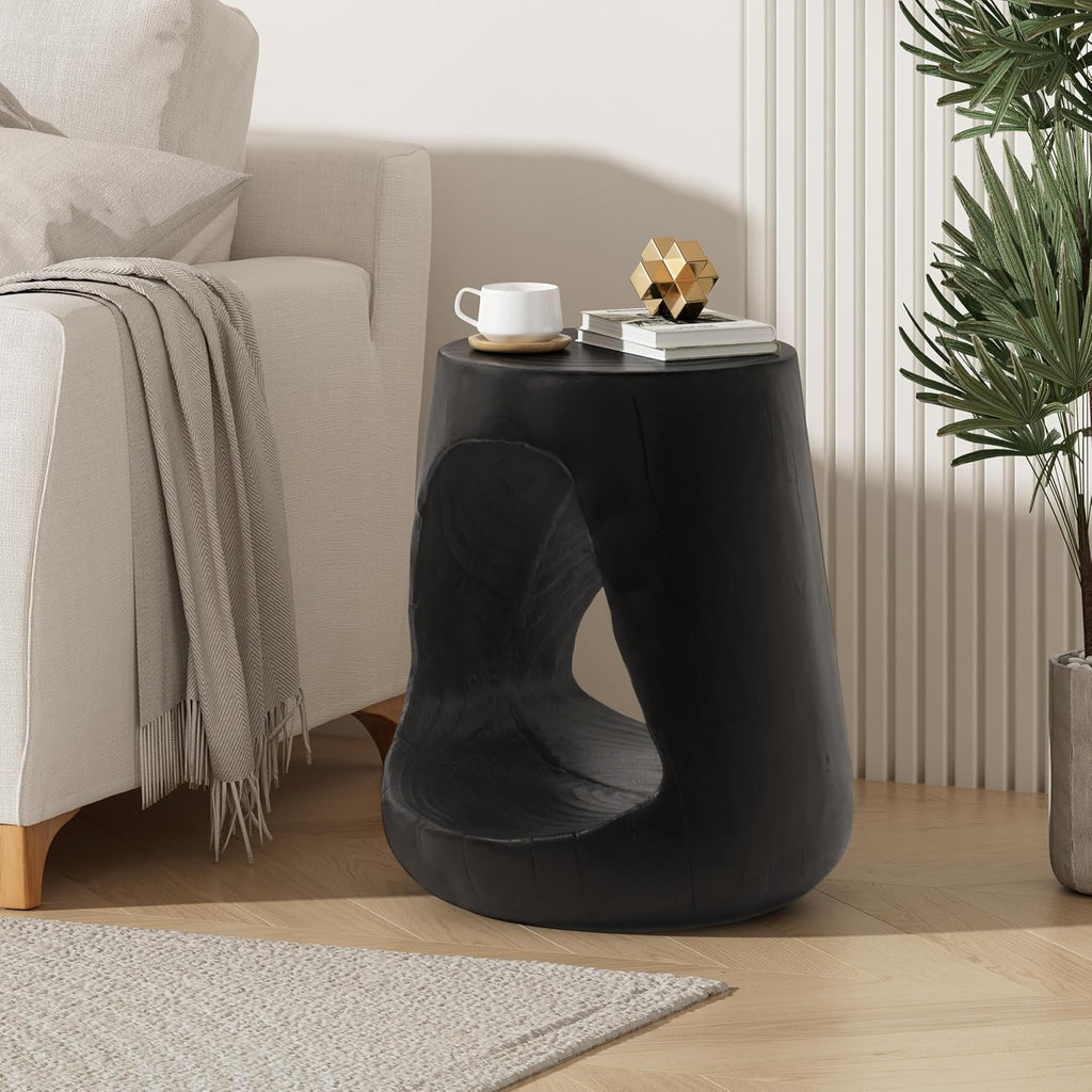 Matte Black Hollow Cutout Tree Stump Side Table, Faux Wood Organic Sculpture Accent Stool, Tapered Drum End Table for Living Room Entryway Wabi Sabi Modern Decor