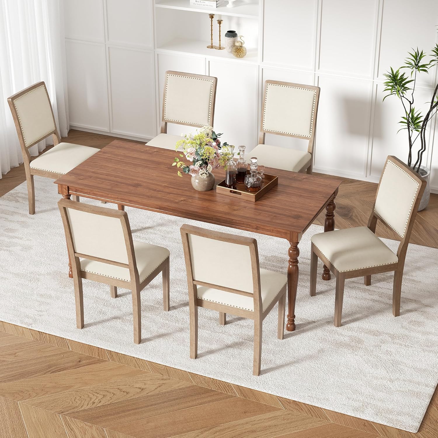 Dining Chair Set of 6, Mid Century Modern Upholstered Dining Room Chairs, Fabric High Back Kitchen Chairs with Nailhead Trim and Wood Legs for Living Room Kitchen Restaurant, Beige
