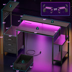 Korfile 48 Inch Gaming Desk with LED Lights & Power Outlets,Computer Desk with Fabric Drawers & Side Hook,Reversible Gamer Table with Monitor Stand for Game Room,Home Office,Carbon Fiber Black