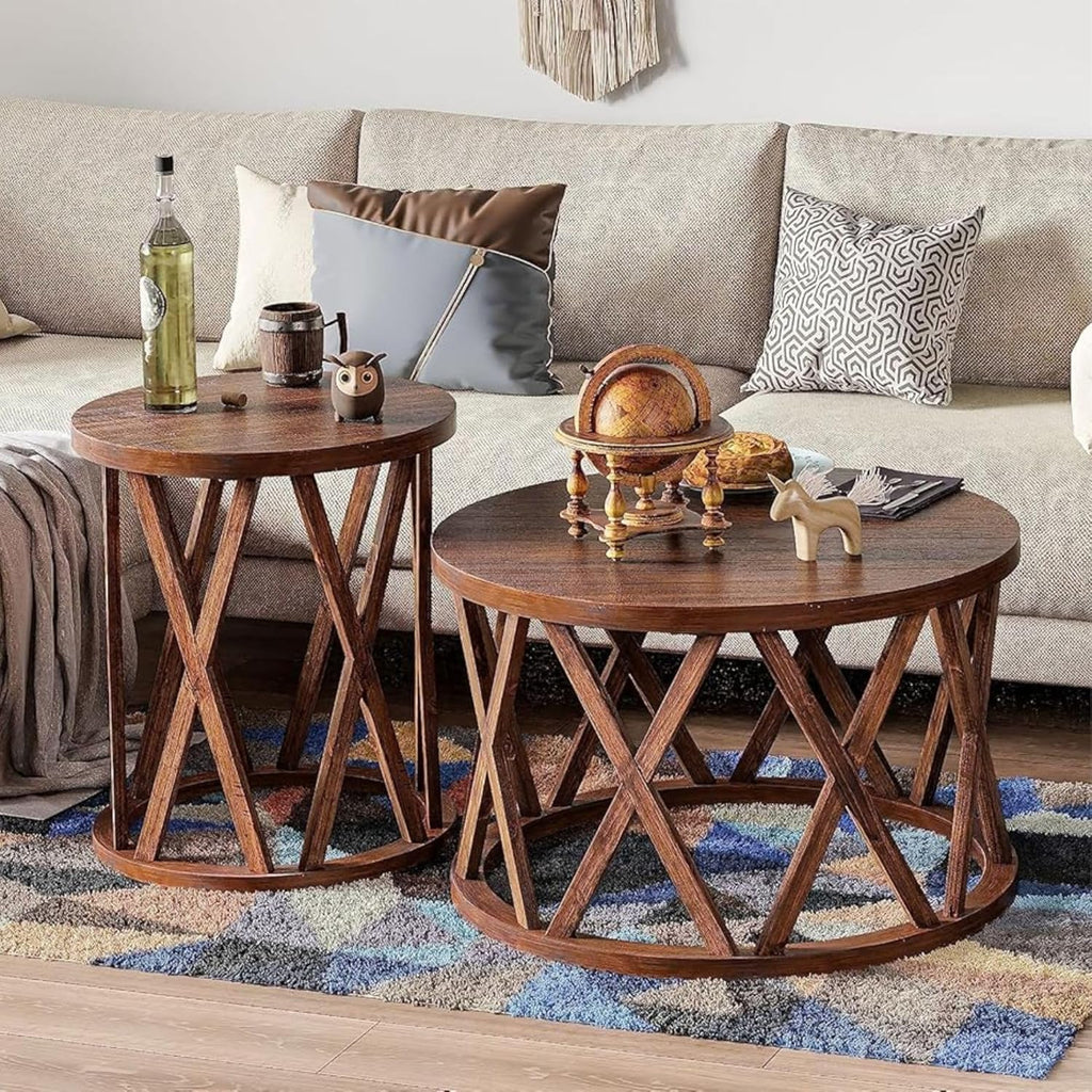 COZAYH Set of 2 - Farmhouse End Table, Rustic Round Side Table with X-Motifs Legs, Wood Textured Top, for Boho, French Country Decor, Brown