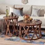 COZAYH Set of 2 - Farmhouse End Table, Rustic Round Side Table with X-Motifs Legs, Wood Textured Top, for Boho, French Country Decor, Brown
