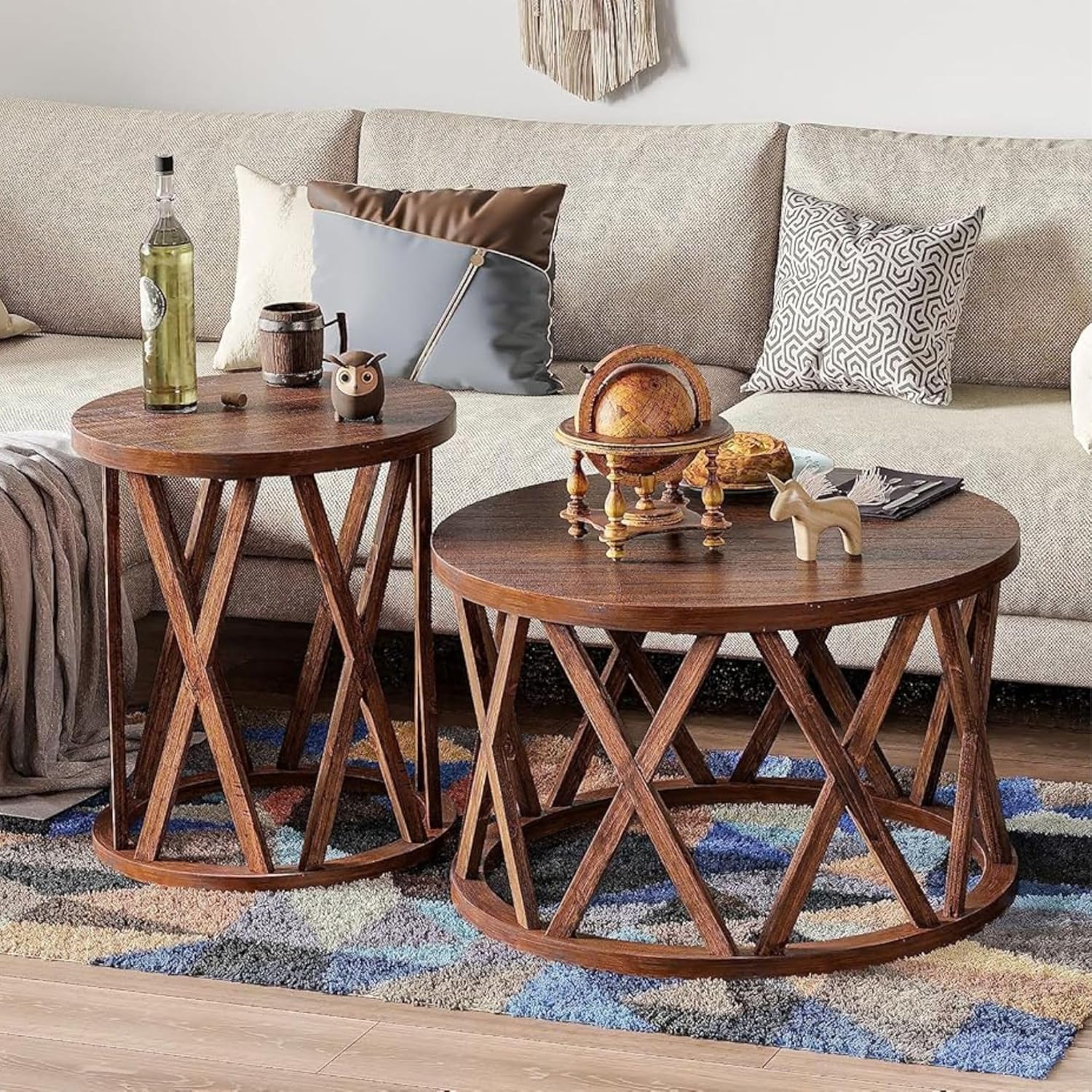 COZAYH Set of 2 - Farmhouse End Table, Rustic Round Side Table with X-Motifs Legs, Wood Textured Top, for Boho, French Country Decor, Brown