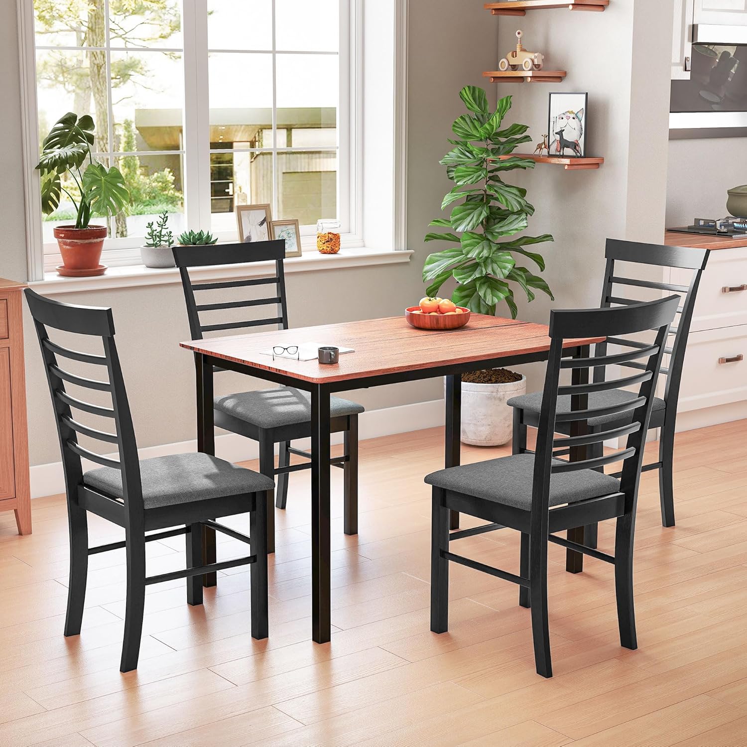 HOMCOM Wooden Dining Chairs Set of 2, Farmhouse Upholstered Kitchen Chairs with Rubber Wood Frame for Living Room, Dining Room, Black and Gray