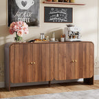 59” Large Buffets Sideboard Cabinet with Storage, Fluted Curved Credenza Buffet Table Storage Cabinet with 4 Doors, Modern Wood Accent Console Table Coffee Bar for Living Room Kitchen Hallway, Walnut