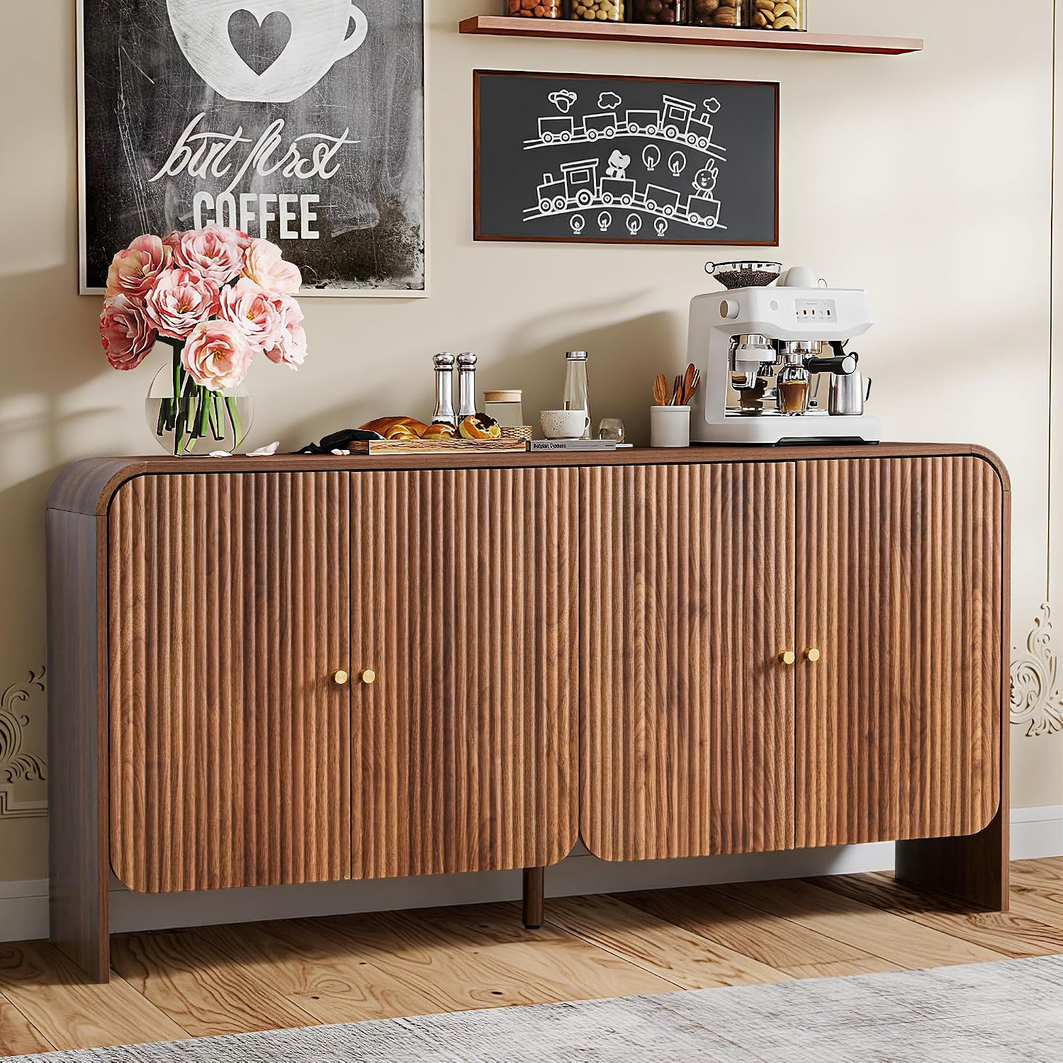 59” Large Buffets Sideboard Cabinet with Storage, Fluted Curved Credenza Buffet Table Storage Cabinet with 4 Doors, Modern Wood Accent Console Table Coffee Bar for Living Room Kitchen Hallway, Walnut