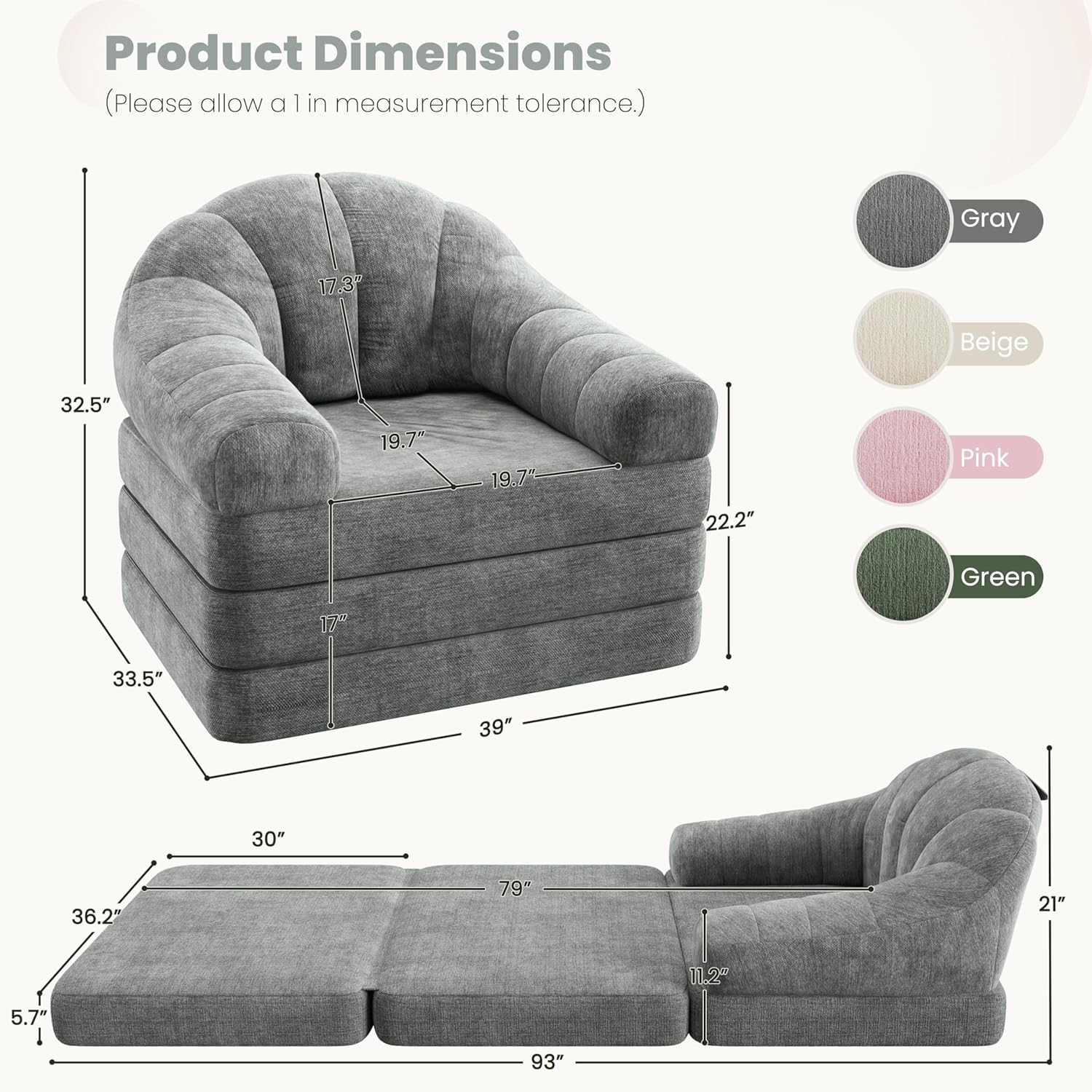 Yaheetech 93" Folding Sofa Bed Convertible Sofa 2 in 1 Sleeper Chair Bed Foldable Couch with Handle Chenille Couch for Living Room, Bedroom, Apartment Gray