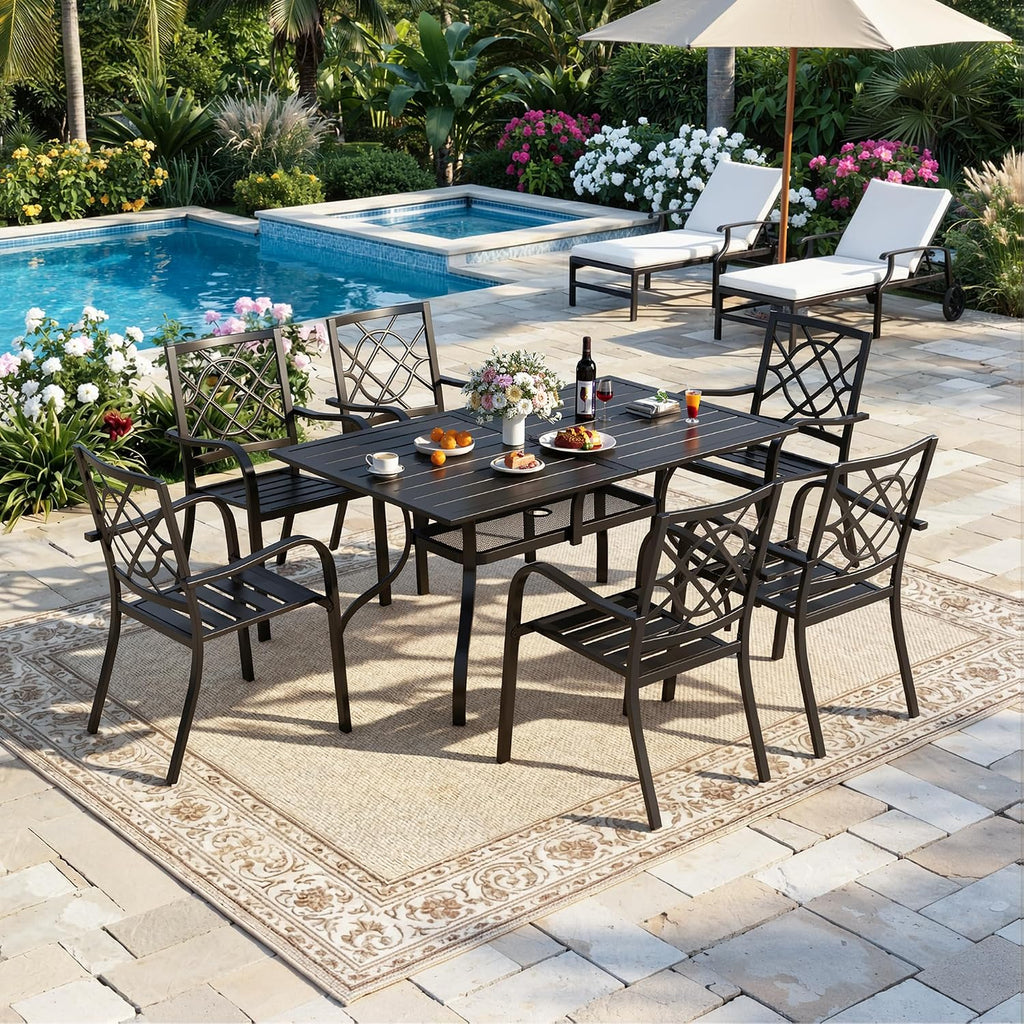 SUNCROWN 60"x37" Black Patio Outdoor Dining Table Metal Steel Slat Rectangular Bistro Table for Porch Deck Garden Backyard Poolside, 1.57" Umbrella Hole