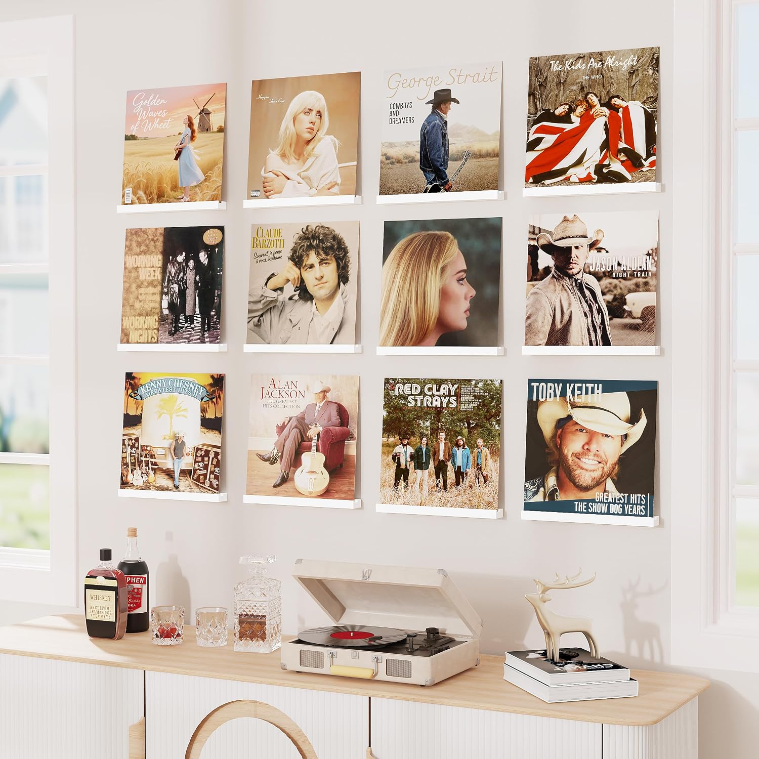 Emfogo Vinyl Record Shelf Wall Mount, 12 Pack Album Record Holder Wall, White12 inch Vinyl Record Storage Shelves Wall, Wood Record Display (Weathered White)
