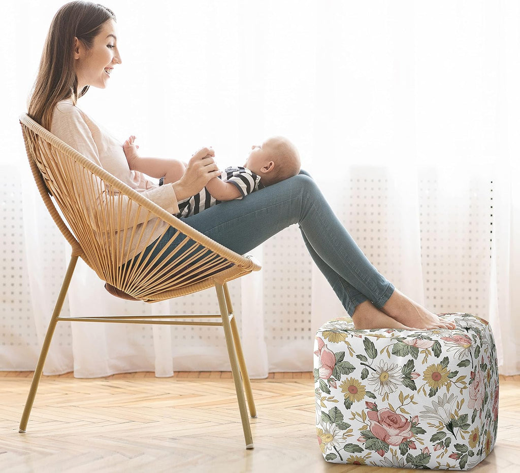 Sweet Jojo Designs Blush Pink Yellow Vintage Floral Boho Girl Ottoman Pouf Cover Unstuffed Poof Floor Footstool Square Cube Pouffe Storage Baby Nursery Kids Room Bohemian Shabby Chic Farmhouse White