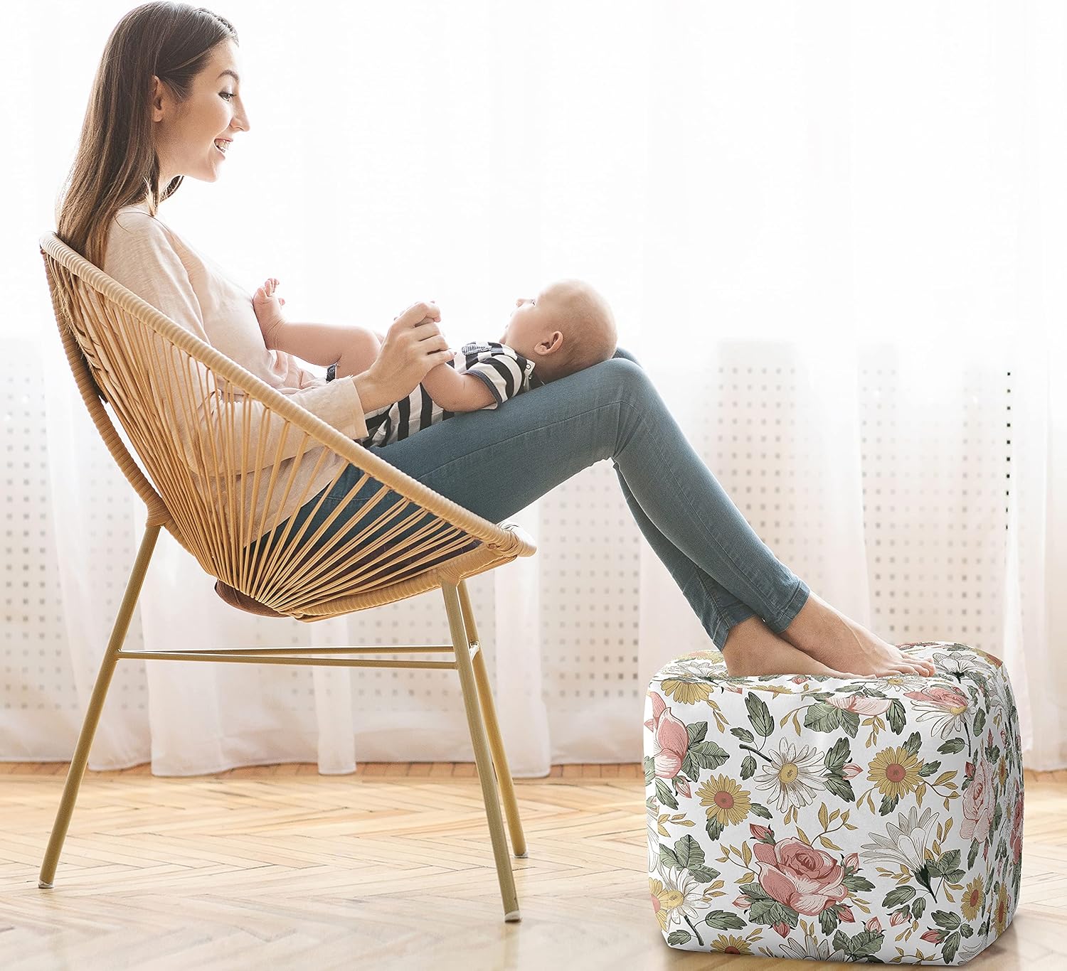 Sweet Jojo Designs Blush Pink Yellow Vintage Floral Boho Girl Ottoman Pouf Cover Unstuffed Poof Floor Footstool Square Cube Pouffe Storage Baby Nursery Kids Room Bohemian Shabby Chic Farmhouse White