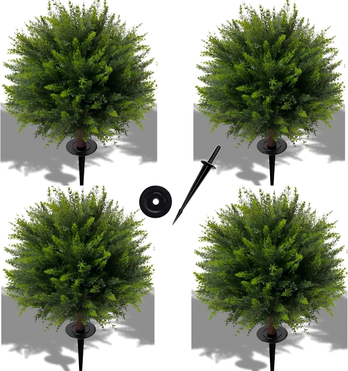 24.5 Inch (H) Artificial Cedar Topiary Ball Trees, Set of 4 Fake Shrub Bushes with Ground Spike, UV Resistant Faux Cypress Greenery Decor for Outdoor Garden, Patio, Front Porch, and Indoor Use
