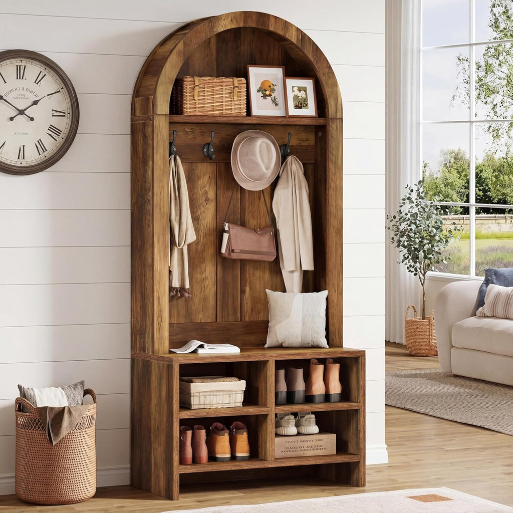 Tribesigns Arched Hall Tree with Bench and Shoe Storage, 70.87" H Tall Coat Rack with Shoe Storage Bench, 4-in-1 Entryway Coat Rack with 4 Hooks & Storage Cubbies, for Mudroom, Hallway, Bedroom, Brown