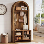 Tribesigns Arched Hall Tree with Bench and Shoe Storage, 70.87" H Tall Coat Rack with Shoe Storage Bench, 4-in-1 Entryway Coat Rack with 4 Hooks & Storage Cubbies, for Mudroom, Hallway, Bedroom, Brown
