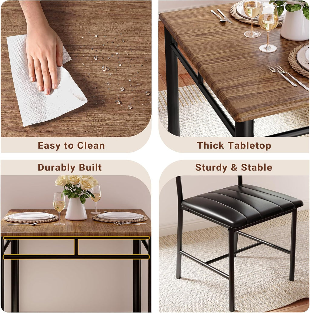 IRONCK Dining Table Set for 2, Small Kitchen Table with Upholstered Chairs for Kitchen & Dining Room, Compact Dining Set for Small Spaces, Walnut
