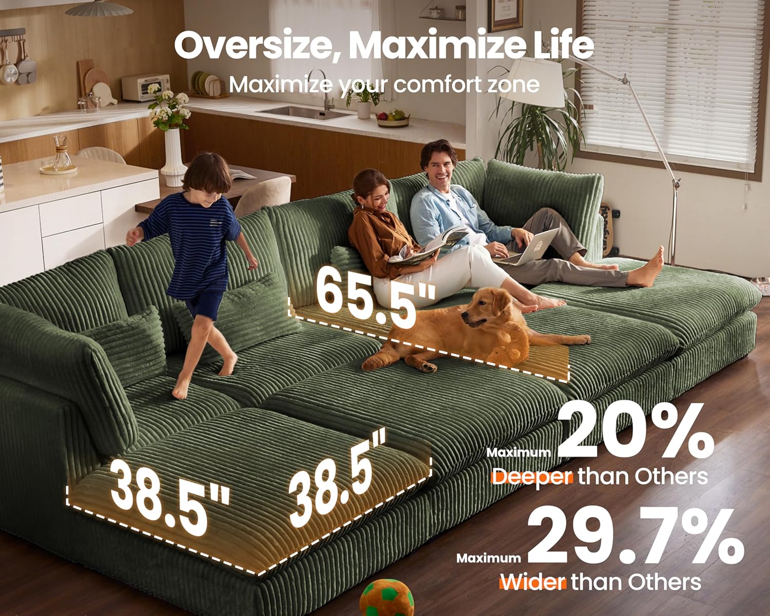115" Oversized Corduroy Couch Modular Sectional Sofa, Washable Cloud Couch Sectional with 2 Ottoman, 5 Seater Sectional Couches for Living Room, Fully Cover Removable, U Shaped, Corduroy, Green