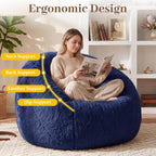 Big Bean Bag Chairs for Adults, Comfy Faux Fur Giant Bean Bag Chair | Fluffy Bean Bags with Back Support & Foam Filled, Reading Beanbag Chair for Living Room Bedroom, Apartment, Dark Blue