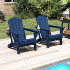 Domi Folding Adirondack Chair Set of 2, HDPE All-Weather Adirondack Chairs with Cup Holder, Outdoor Plastic Fire Pit Chairs Wood Texture for Poolside, Patio, Backyard, Deck (Blue)