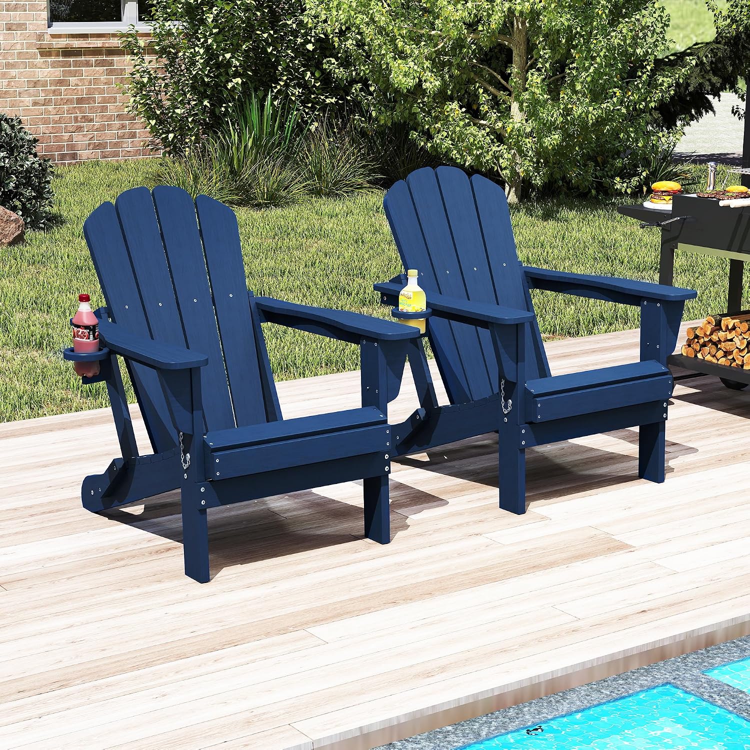Domi Folding Adirondack Chair Set of 2, HDPE All-Weather Adirondack Chairs with Cup Holder, Outdoor Plastic Fire Pit Chairs Wood Texture for Poolside, Patio, Backyard, Deck (Blue)