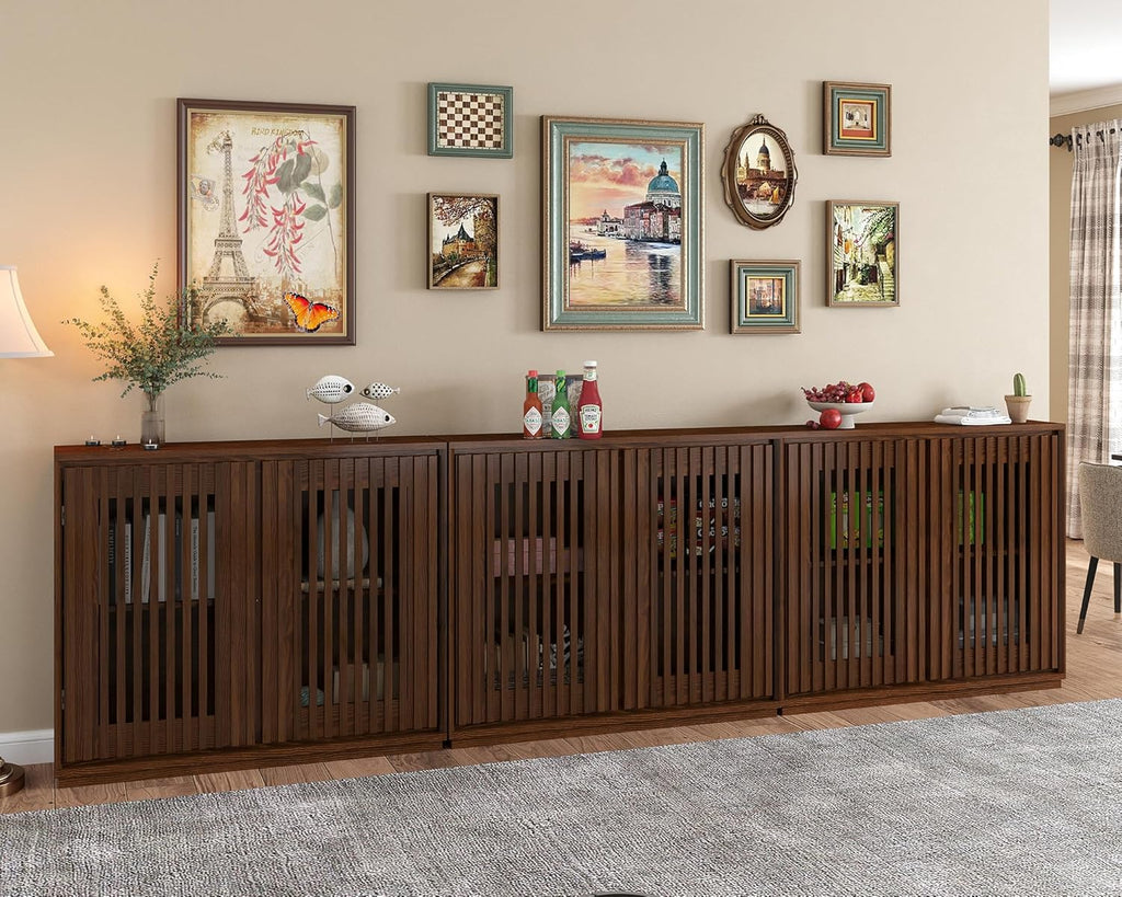 LKTART Mid Century Modern Sideboard Buffet Storage Cabinet, Narrow Credenza Entryway Cabinet with 2 Doors,Media Console Table for Living Room,Hallway-Walnut,2 Piece