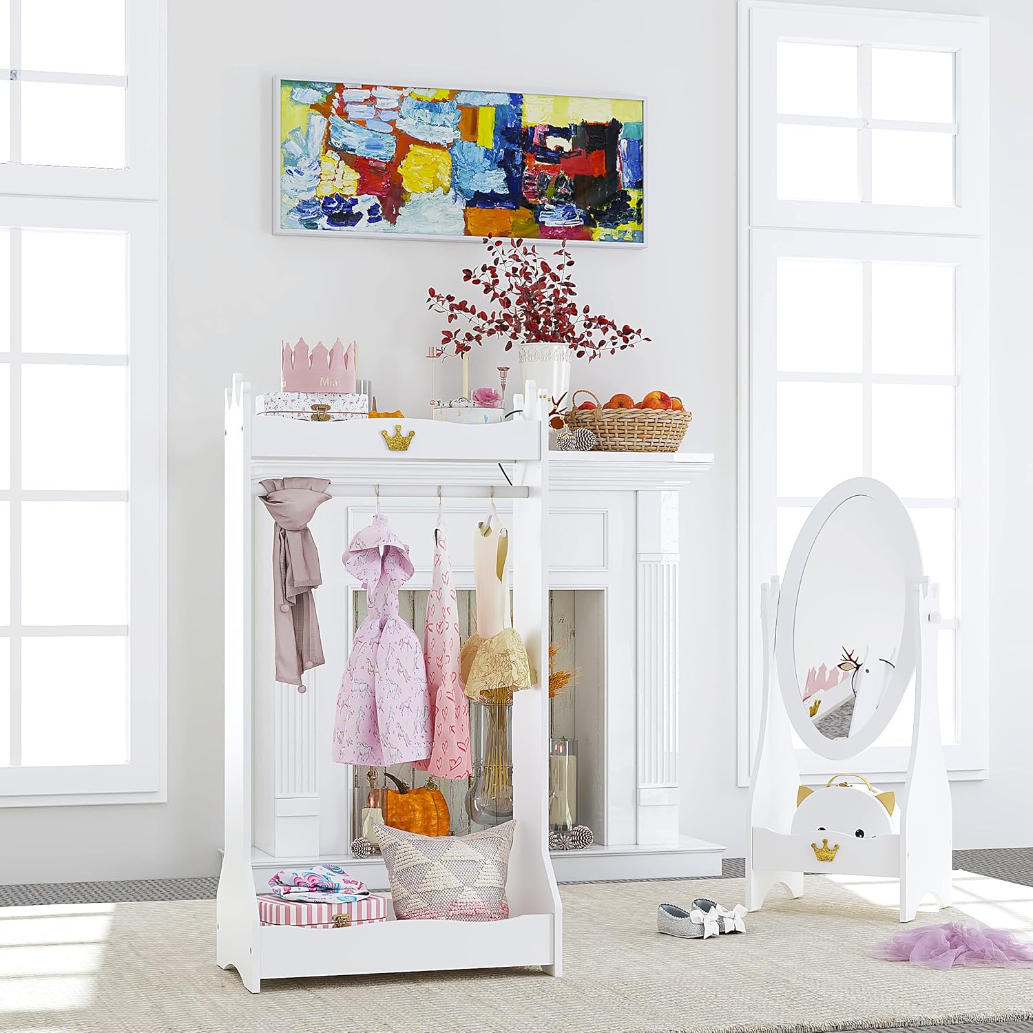 UTEX Kids Dress Up Storage, Kids' Costume Organizer Center, Open Hanging Armoire Closet, Kids Armoire with Rack for Toddler 3 Age+, White