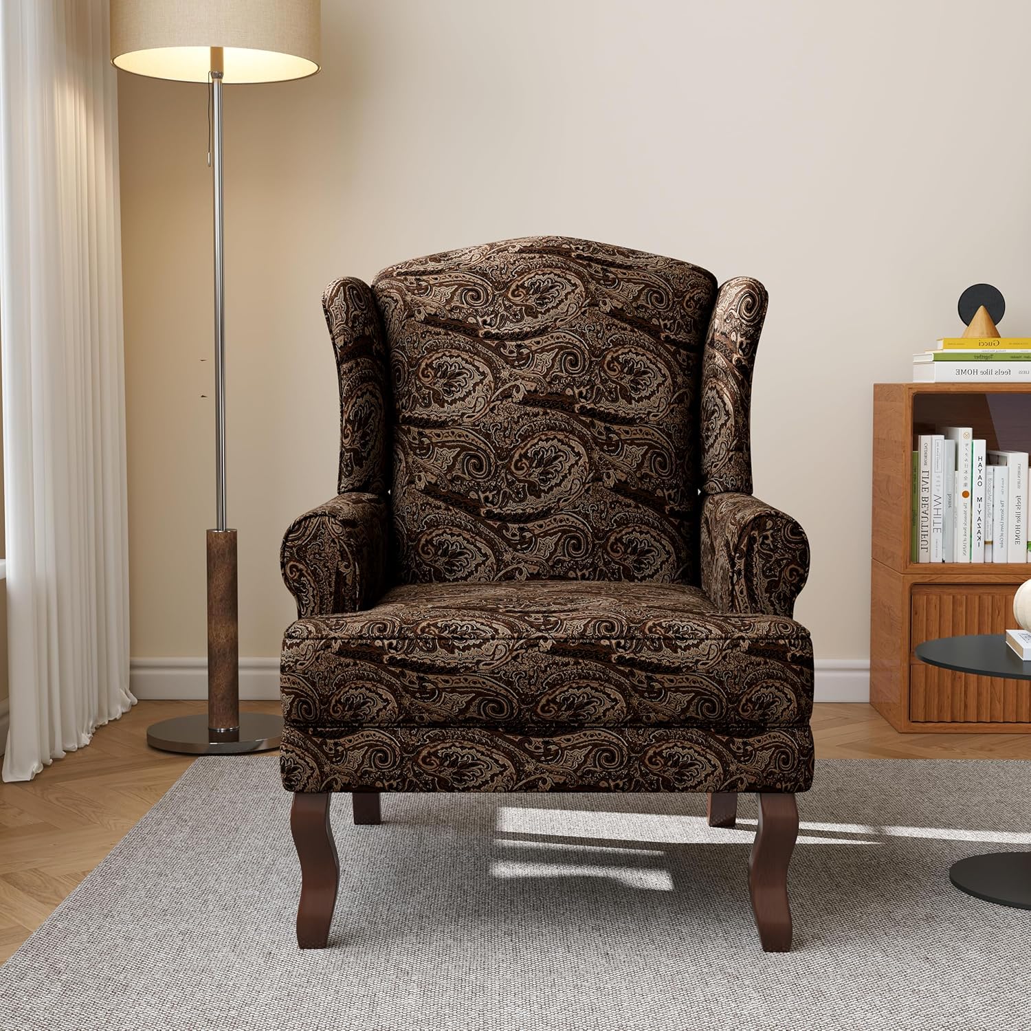 High Back Accent Chair, Floral Upholstered Armchair Retro Arm Club Chair in Fabric with Solid Wood Legs, Comfy Single Sofa Reading Seat for Living Room Bedroom Dorm - Brown Cranberry
