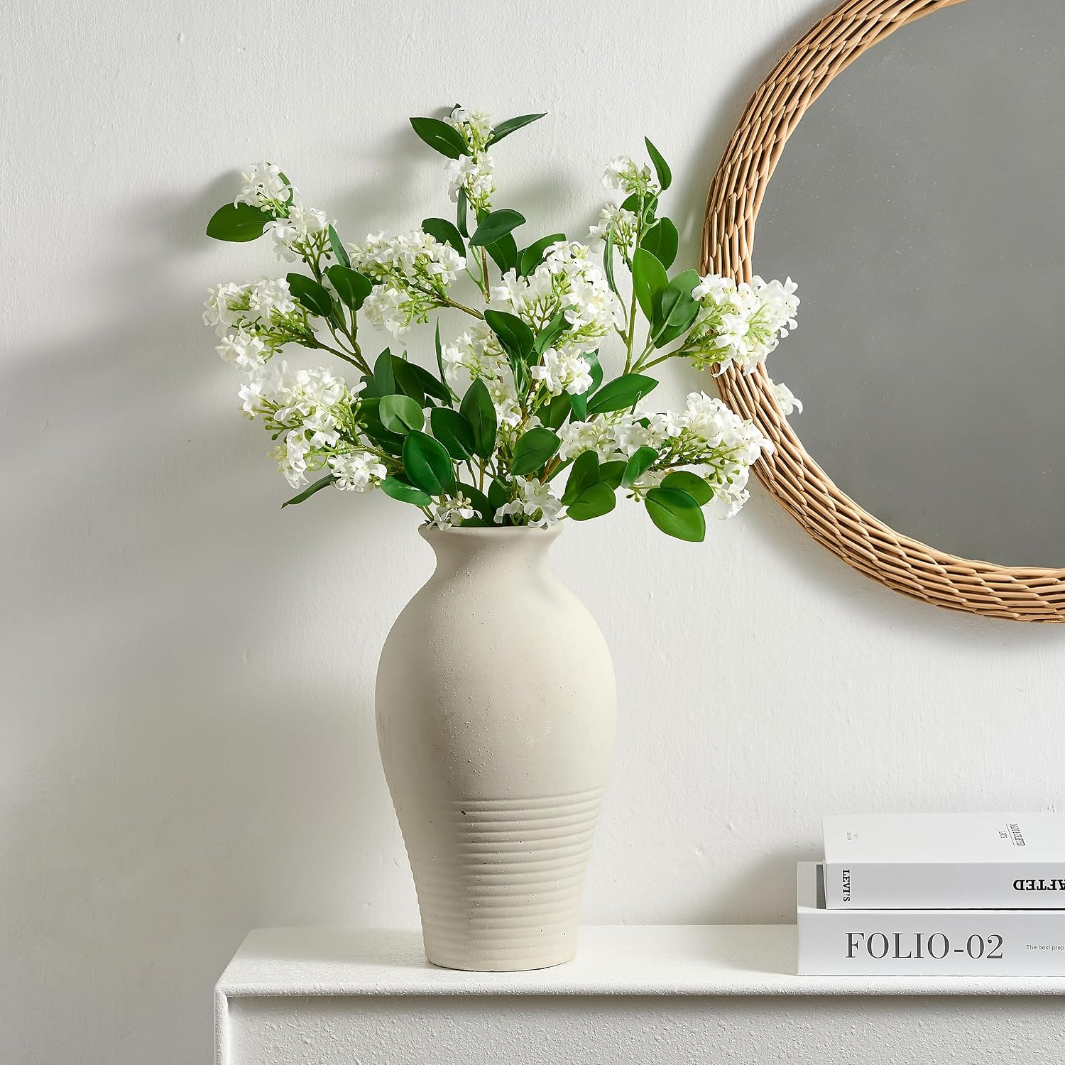 LUKA Ceramic Flower Vase Home Decor,11inches Large Farmhouse Table Vases Rustic Vintage Living Room Kitchen Bedroom Decorations for Home, Shelf, Fireplace Mantel Decoration (11",Off-White)
