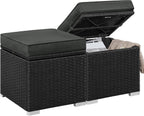 Yaheetech Wicker Ottomans, Set of 2 Patio PE Rattan Side Tables with Hidden Storage & Removable Cushion, Outdoor/Indoor Footstools, Additional Seating for Garden/Balcony/Yard, Black/Gray