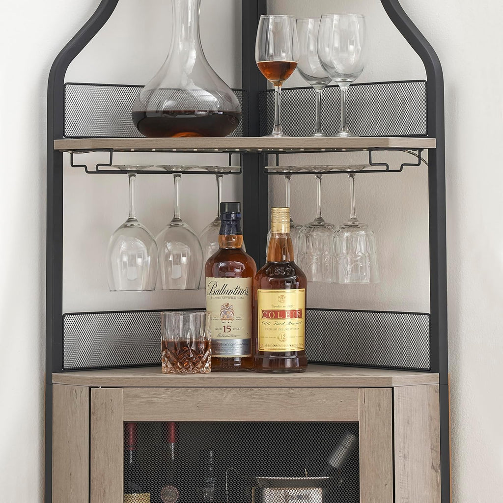 IDEALHOUSE 61'' Tall Corner Wine Bar Cabinet with Adjustable Shelves, 5-Tier Industrial Bar Cabinet with Glass Holder, Home Bar with Mesh Door for Liquor and Glasses, Grey