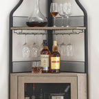 IDEALHOUSE 61'' Tall Corner Wine Bar Cabinet with Adjustable Shelves, 5-Tier Industrial Bar Cabinet with Glass Holder, Home Bar with Mesh Door for Liquor and Glasses, Grey