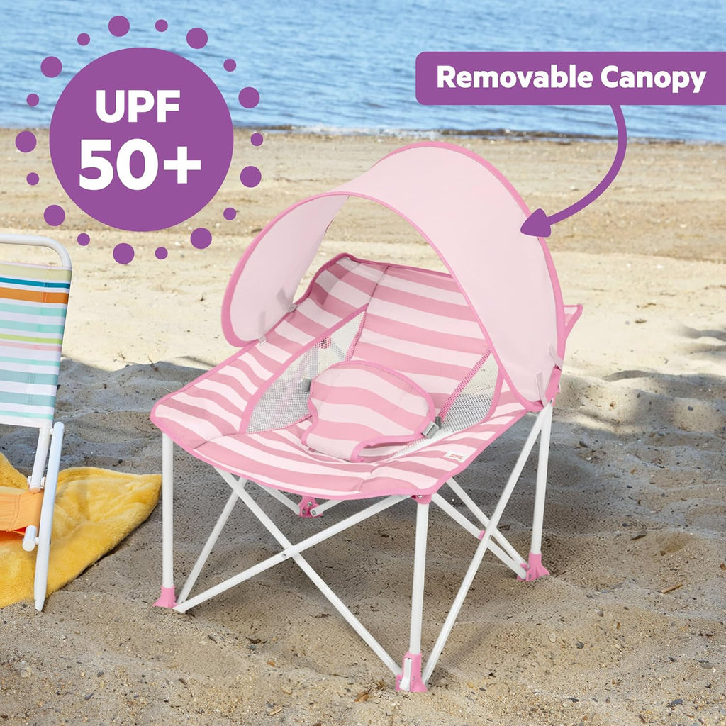 Bright Starts Pop ’N Chill Baby Chair Travel Seat, Indoor/Outdoor Use, Portable Infant Seat with Removable UPF 50+ Canopy, Pink, 0-6 Months