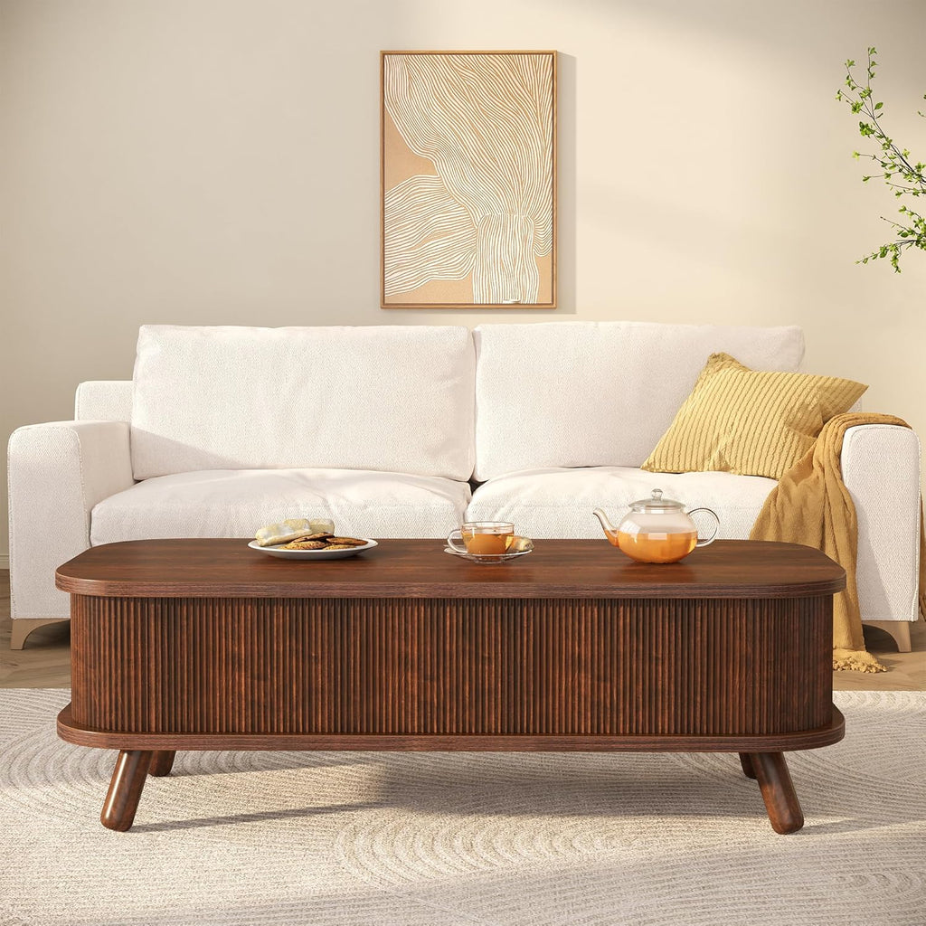 knoworld Fluted Lift Top Coffee Table with Storage, 47" Oval Coffee Table with 3-Partition Hidden Compartment, Mid Century Modern Wood Center Table for Living Room, Work & Dining from Sofa, Walnut