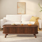 knoworld Fluted Lift Top Coffee Table with Storage, 47" Oval Coffee Table with 3-Partition Hidden Compartment, Mid Century Modern Wood Center Table for Living Room, Work & Dining from Sofa, Walnut