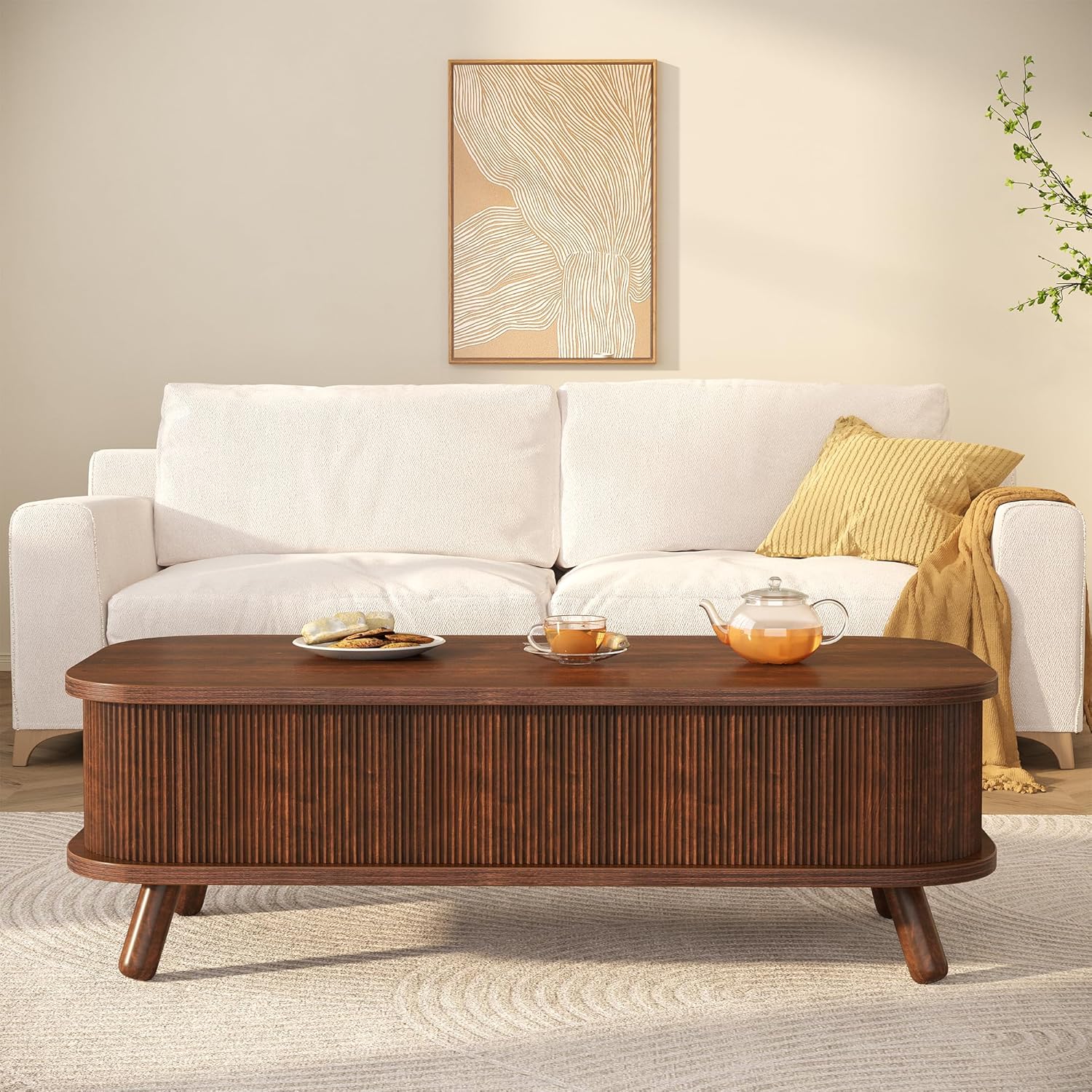 knoworld Fluted Lift Top Coffee Table with Storage, 47" Oval Coffee Table with 3-Partition Hidden Compartment, Mid Century Modern Wood Center Table for Living Room, Work & Dining from Sofa, Walnut