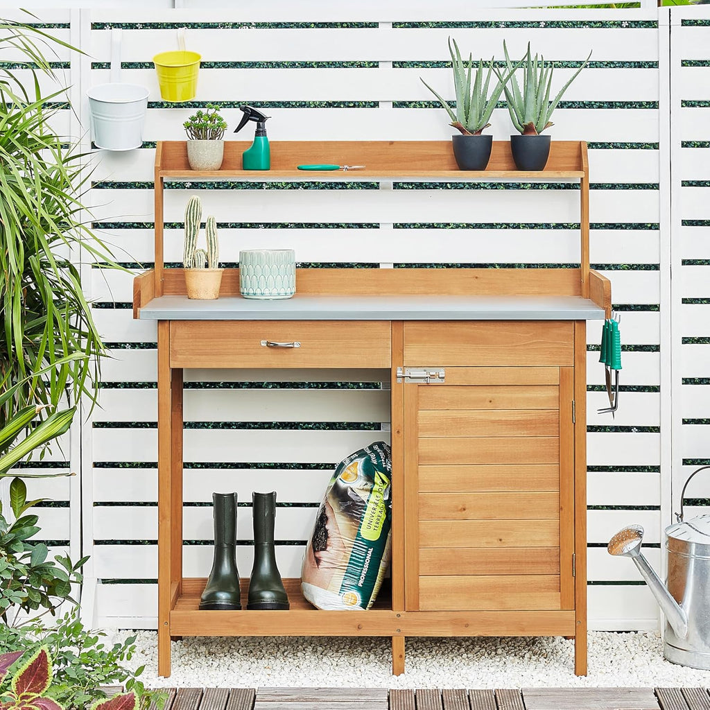 costoffs Potting Bench Wood Garden Potting Table with Cabinet and and Drawers Outdoor Metal Surface Work Bench for Greenhouse with Hooks and Shelf Wood