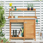 costoffs Potting Bench Wood Garden Potting Table with Cabinet and and Drawers Outdoor Metal Surface Work Bench for Greenhouse with Hooks and Shelf Wood