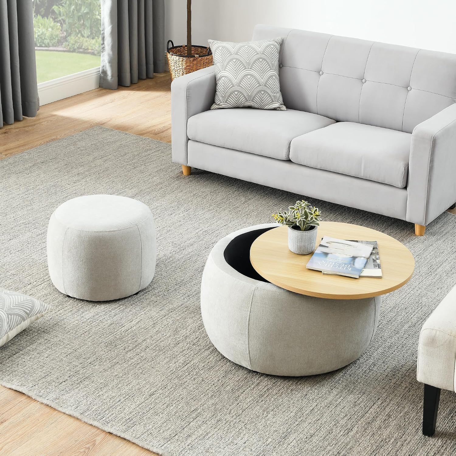 Ball & Cast Round Upholstered Storage-Ottoman Set with Wood Tray, Large Storage Coffee Table w/Footstool & Removable Lid, Dia 25" Padded Bench & End Side-Table for Living Bedroom, Light Grey