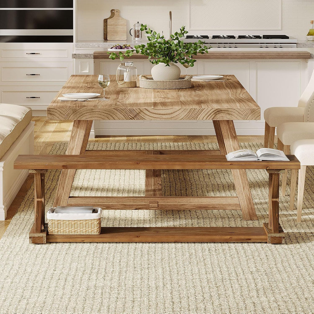 59-Inch Solid Wood Dining Bench, Modern Rustic Bench for Dining Table, 2-Tier Wooden Storage Seat for Dinner Room, Kitchen, Living Room & Hallway, Brown