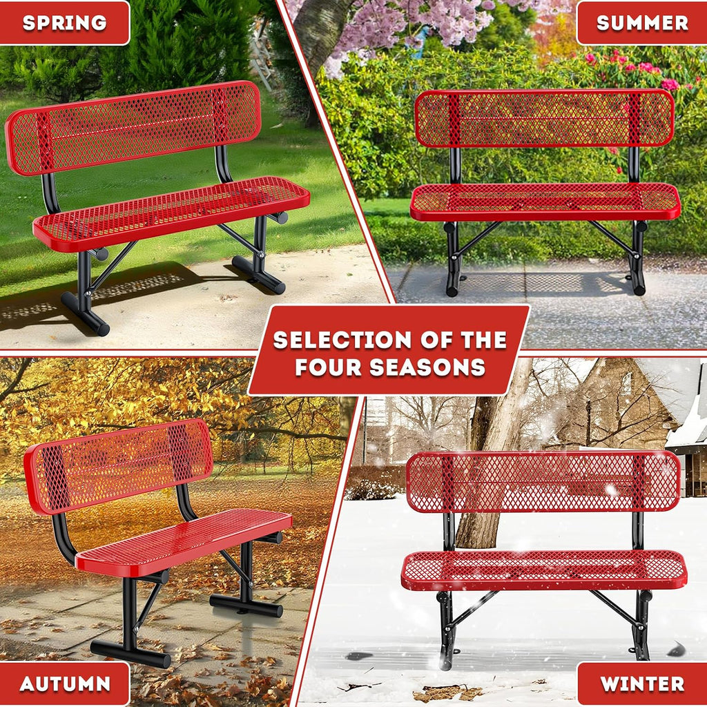 4 Feet Heavy Duty Park Bench with Back Portable Frame, Outdoor Steel Bench with Backrest, Expanded Metal Mesh Bench for Lawn, Park, Deck, Garden, Patio, Porch, Red