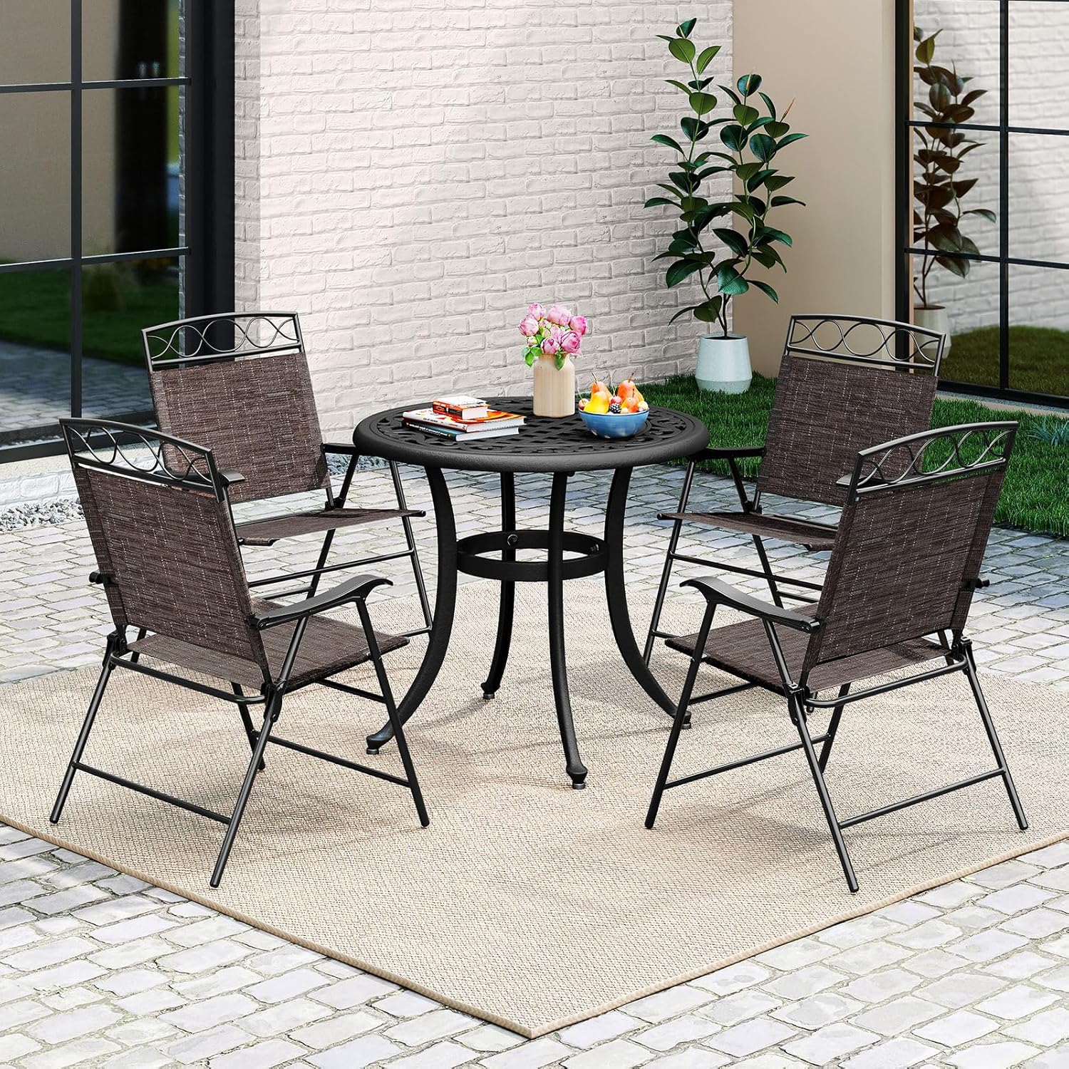 Giantex Set of 4 Patio Folding Chairs, Outdoor Dining Chairs for Camping, Beach, Backyard, Deck, Portable Dining Chair w/Armrest and Metal Frame, 4-Pack (Dark Brown)