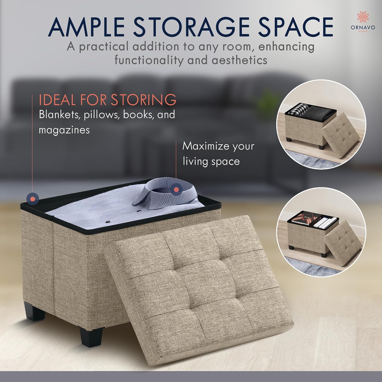 Ornavo Home Small Rectangle Storage Ottoman with Legs, 12x16x12, Tan/Taupe | Foot Rest Stool Seat; Holds Up to 600 lbs; Ideal for Living Room, Bedroom, Home Office or Dorm