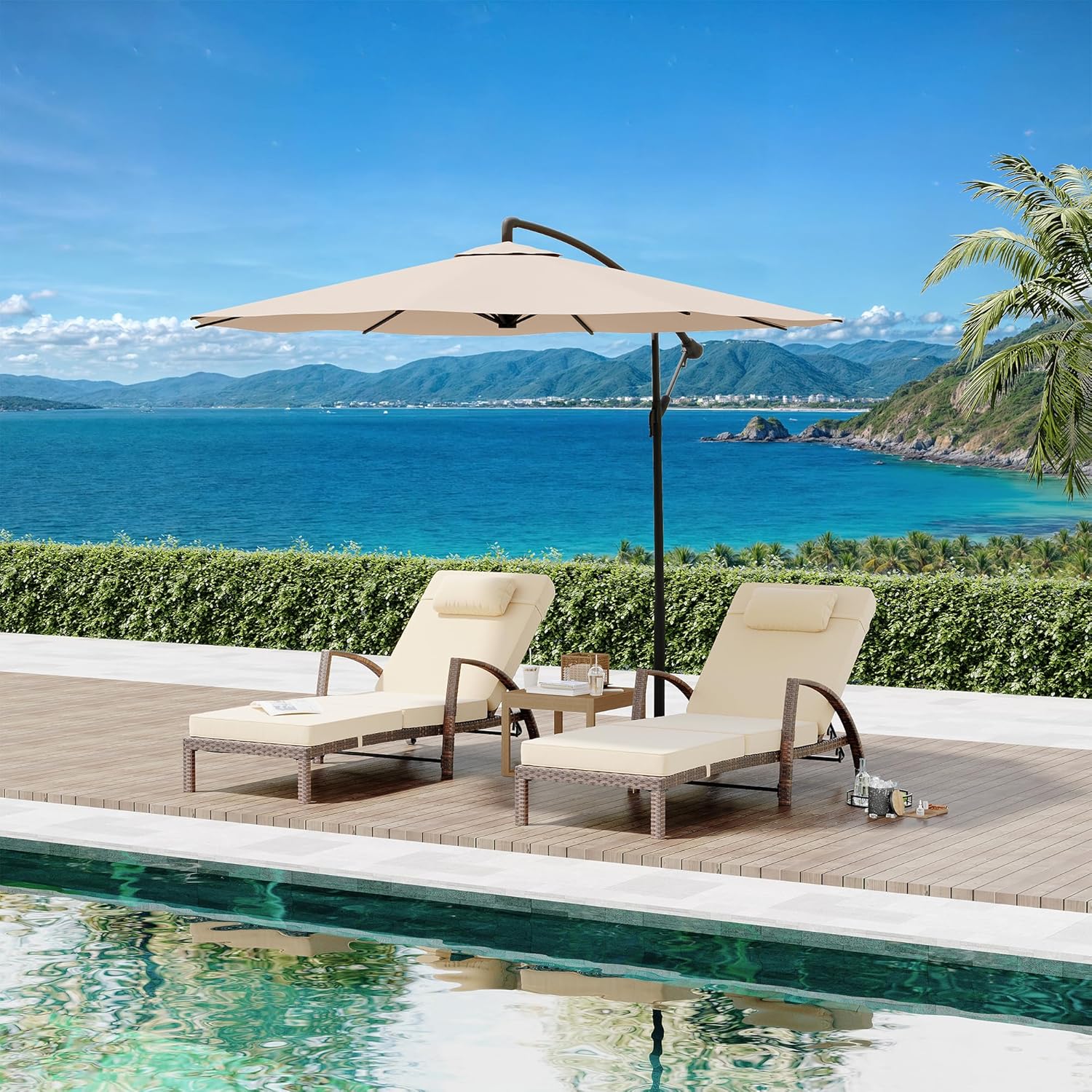 Outdoor Lounge Chairs Set of 2, Pool Lounge Chairs for Outside Patio Furniture, Outdoor PE Rattan Wicker Patio Chaise with 5-Positions Adjustable for Poolside, Deck,Beige