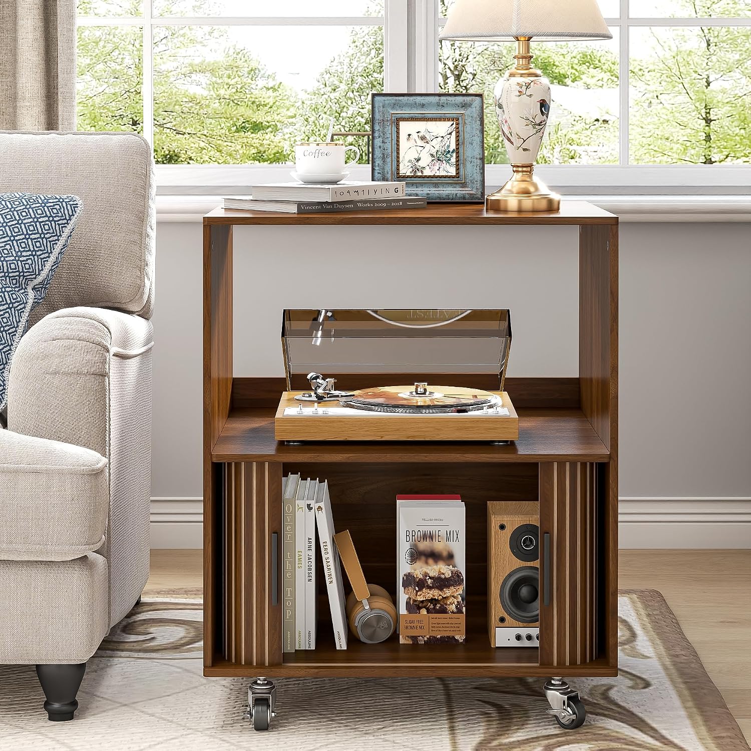 Side Table with Storage, Small End Tables with Sliding Door, Rolling Night Stand with Wheels, Mid Century Modern Bedside for Living Room, Bedroom, Small Space (Walnut)